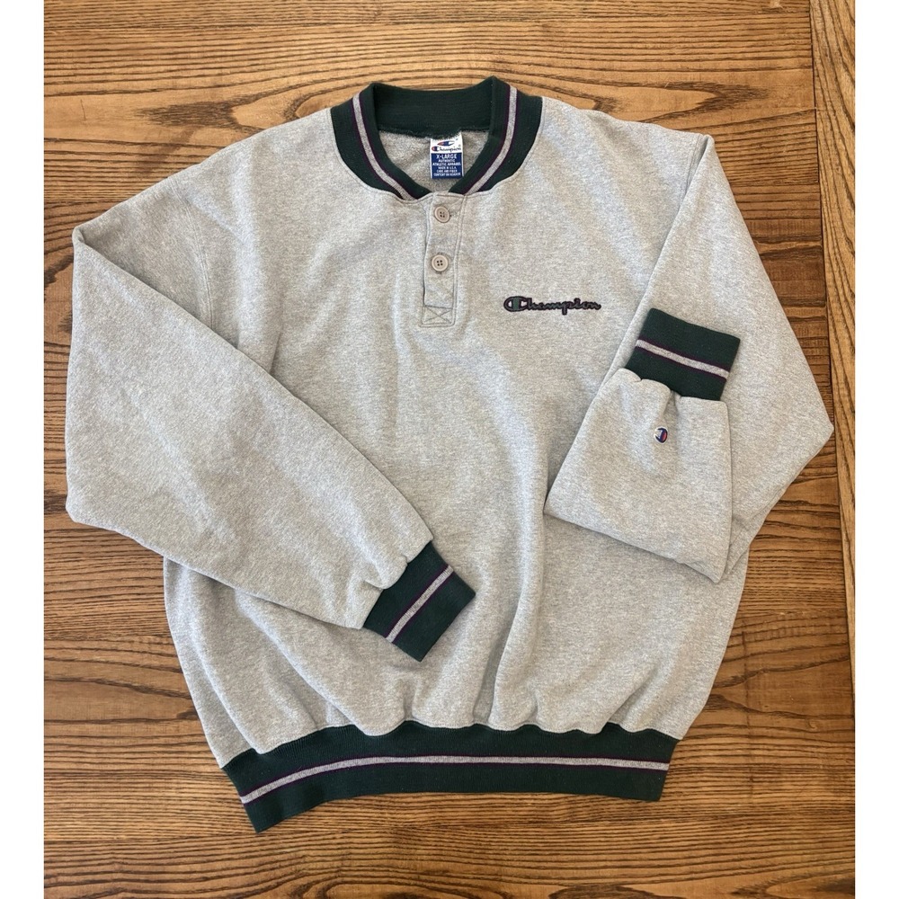Vintage 90s Champion Size XL Grey/Green Henley Crewneck Sweatshirt Made in USA